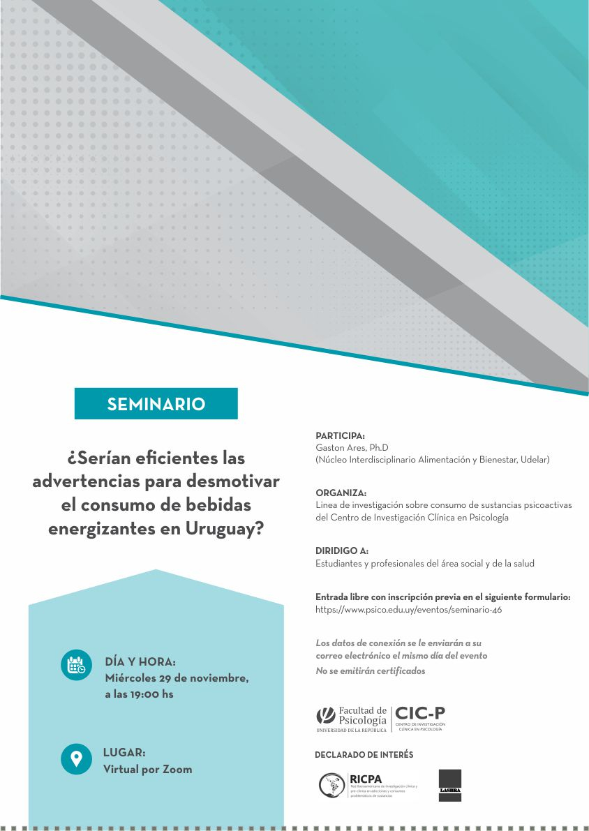 Afiche Seminario: ¿Serían eficientes las advertencias para desmotivar el consumo de bebidas energizantes en Uruguay?
