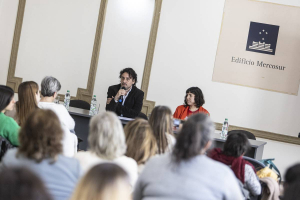 Pablo López y Manuela Costa, el 15 de setiembre, durante la presentación del informe “Explotación sexual comercial de niños, niñas y adolescentes y entornos digitales: aportes de la investigación internacional para construir un estado de situación nacional”.  Foto: Ernesto Ryan