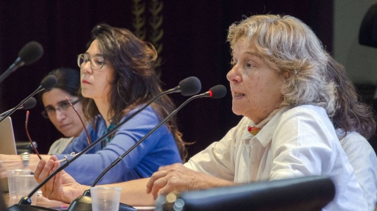 Graciela Sapriza durante el conversatorio “Segunda generación: narrativas y políticas de la memoria en Argentina y Uruguay”, ayer, en la Universidad de la República.